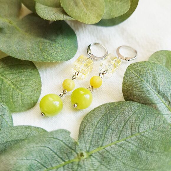 Lime Green Jade Stone Earrings, Geometric Boho Earrings, Y2K Retro Earrings - Picture 5 of 8